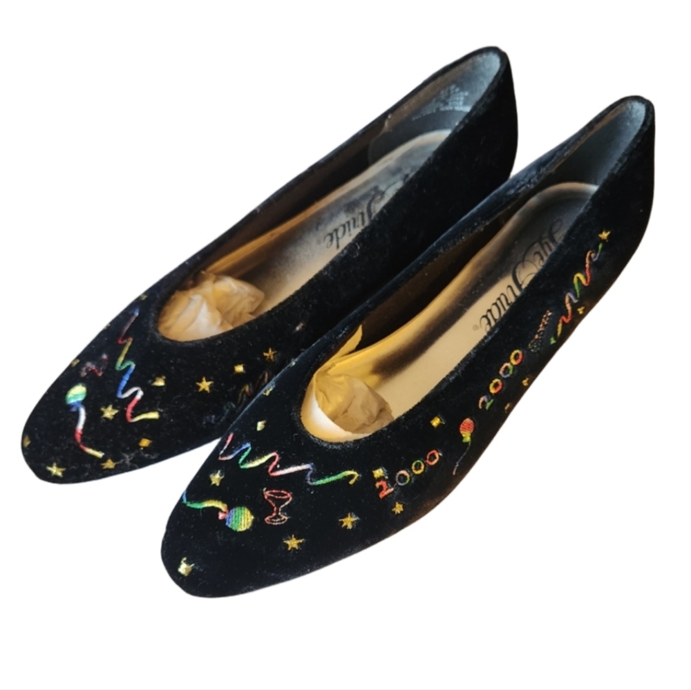 Life Stride Dream 2000 Celebration Black Velv Embroidered Flats Size 81/2 B Nwob